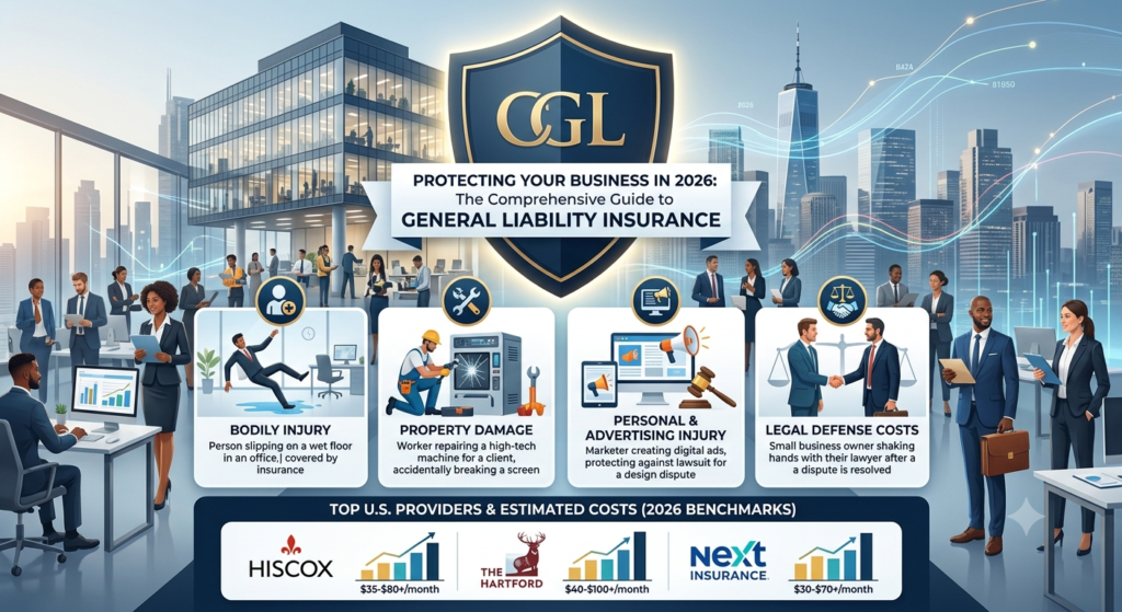 "Infographic explaining General Liability Insurance (CGL) coverage pillars including bodily injury, property damage, advertising injury, and legal defense costs, with a comparison of top U.S. insurance providers like Hiscox, The Hartford, and Next Insurance with 2026 cost estimates."