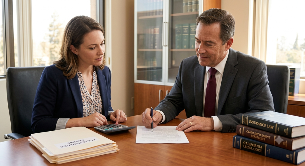 "Professional meeting between a policyholder and legal expert reviewing a settlement agreement document at an office desk, accompanied by a calculator and legal insurance law books."