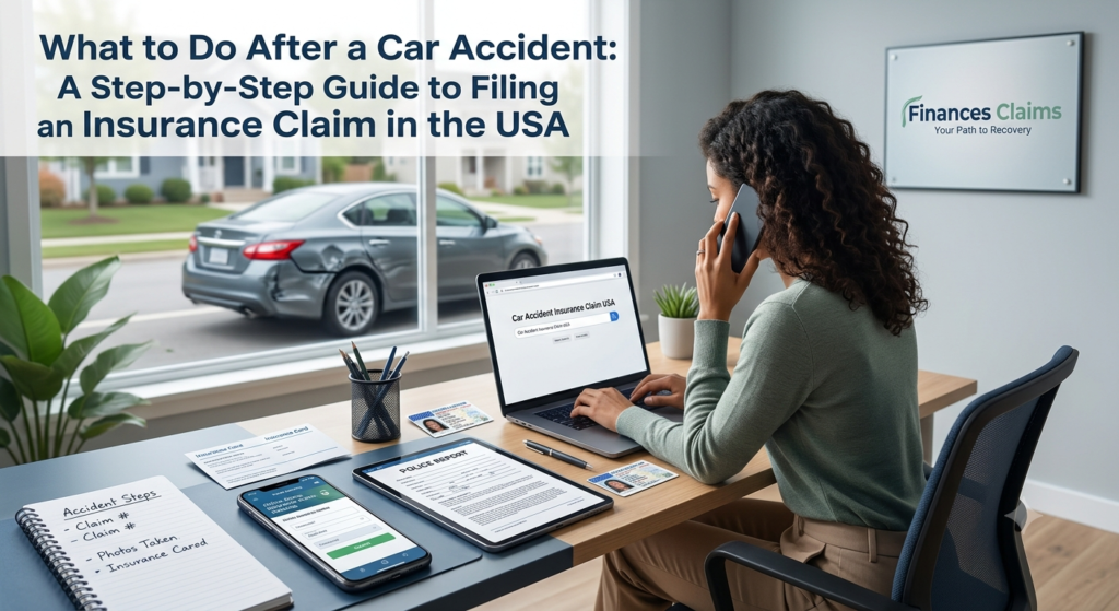 A professionally styled photograph showcasing a woman in a modern office submitting a "Car Accident Insurance Claim USA." Through the window, a damaged sedan is visible, and the desk is filled with necessary documents including a police report, insurance card, notes, and a smartphone displaying a banking app. The wall features the "Finances Claims" logo. The full title text is displayed clearly at the top.