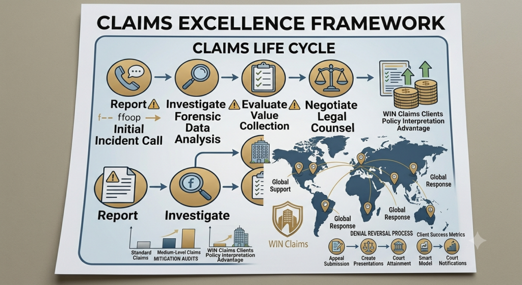 "Claims Excellence Framework and lifecycle infographic by WIN Claims showing the step-by-step process of reporting, investigating, evaluating, and negotiating business insurance claims to maximize policy payouts and ensure global support."