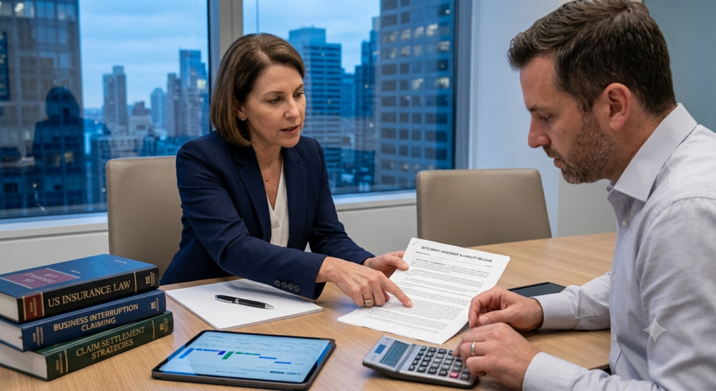 "A legal advisor explaining updated 2026 U.S. insurance law regulations and liability release clauses to a business owner using a digital tablet and professional legal textbooks at an office desk."