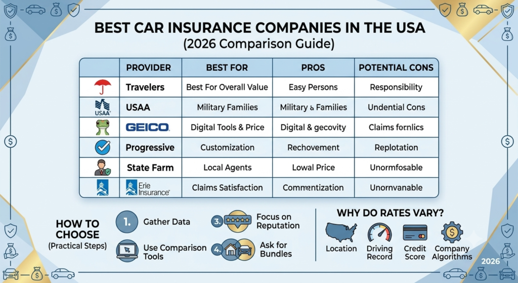"Compare the best car insurance companies in the USA. Our 2026 expert guide analyzes State Farm, GEICO, and Progressive to help you secure the lowest rates."