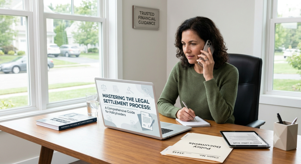 "A professional woman in a home office reviewing legal documents on a laptop and phone, with the screen displaying the title 'Mastering the Legal Settlement Process: A Comprehensive Guide for Policyholders'."