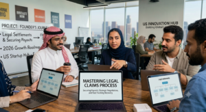 A collaborative business scene in a modern Jeddah, Saudi Arabia, co-working space, based on image_8.png. The diverse team members, including the man in a kuffiyeh, the woman in a hijab, and their colleagues, retain their positions and the same focused interactions. All text throughout the environment, on whiteboards, posters, and laptop screens, has been converted entirely to clear, legible English, perfectly suited for the US market. On the whiteboard, replacing the previous mixed text, are the English notes: 'PROJECT: FOUNDER'S JOURNEY' at the top, followed by '• Legal Settlements & Securing Payouts' with an arrow to 'FINANCIAL CLAIMS secured', '• 2026 Growth Roadmap', and '• US Startup Hub - Founded 2024'. Above it, the posters, all in English, read: 'THINK BIG', 'INNOVATE NOW', 'COLLABORATE', 'ACHIEVE GLOBAL REACH', 'INSPIRE'. The logo on the far wall, once distinct, is now entirely in English as: 'US INNOVATION HUB' with 'Building Global Leaders' below it in smaller text. All laptops at the table feature complex legal and financial data entirely in English. The central woman is pointing to her large central laptop which reads, perfectly rendered: 'MASTERING LEGAL CLAIMS PROCESS', with subtext 'Securing Payouts, Strategic Negotiation, and Fast-Tracking Recovery'. Other laptops show intricate English flowcharts and legal diagrams like 'Legal Settlements Breakdown' and 'Payout Flowchart'. The view through the large window captures a distinct American city skyline (such as New York City, Chicago, or Los Angeles) under daylight, with clear American architectural details. The atmosphere is vibrant, professional, and cross-cultural, unified by the English language. Natural daylight fills the space. The composition remains focused on the central table.