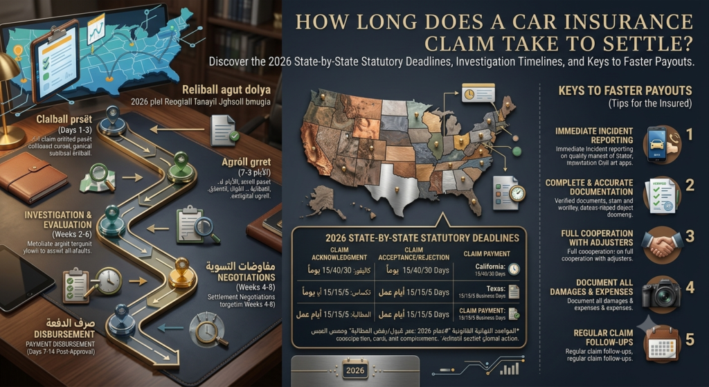 "How long does a car insurance claim take to settle? Discover the 2026 state-by-state statutory deadlines, investigation timelines, and keys to faster payouts."