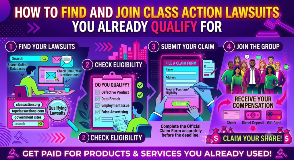 An extensive educational infographic in a retro-neon style with a dark purple, pink, green, and blue color palette, titled across the top in large text: “HOW TO FIND AND JOIN CLASS ACTION LAWSUITS YOU ALREADY QUALIFY FOR”. The text below says “GET PAID FOR PRODUCTS & SERVICES YOU ALREADY USED!”.