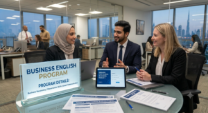 An arab woman entrepreneur sits at a desk, presenting a laptop with a plain white screen bearing clean black English text that reads: "BUSINESS INSURANCE: YOUR STRATEGIC PROTECTOR. MASTERING LEGAL CLAIMS FOR ENTREPRENEURIAL GROWTH." She is wearing a modern business suit, a gold watch on her wrist, and is pointing directly to the main title with her index finger. In the background, other professional team members, including men in traditional white thobes, are seen working at separate tables. The walls feature inspirational posters and a wall-mounted logo for "Jeddah Startup Hub".